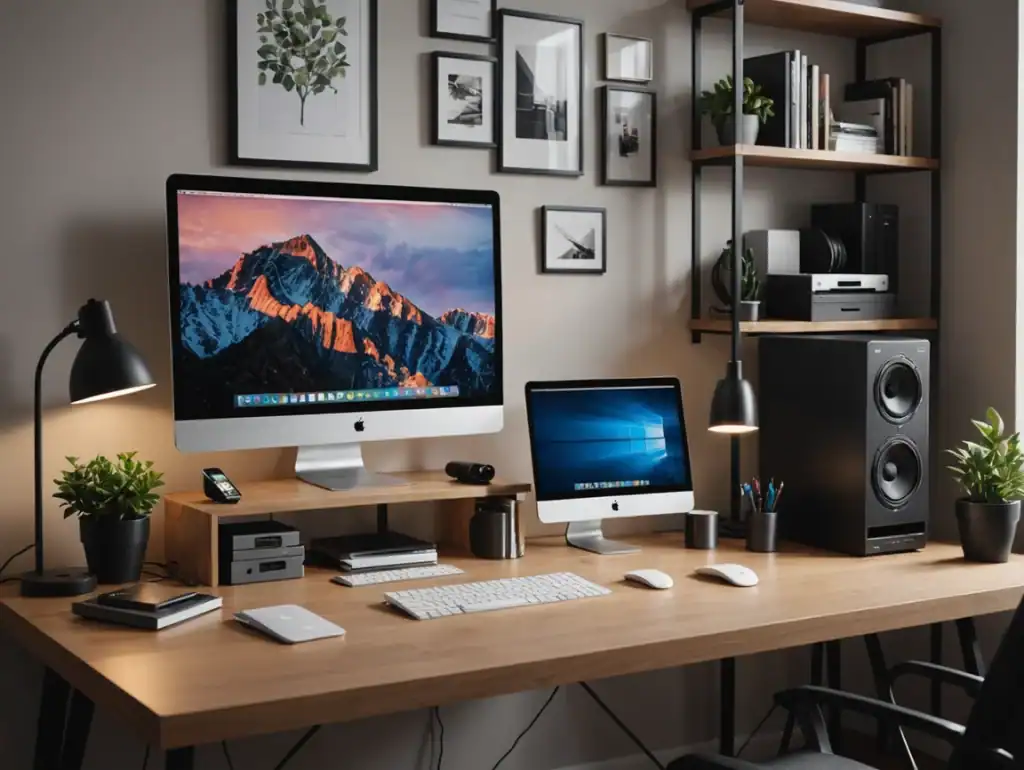 Clean modern home office desk setup with iMac, MacBook, speakers, and workspace accessories.