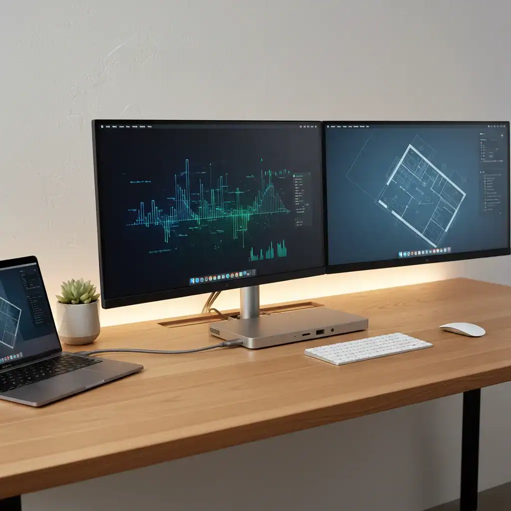 USB-C dock with multiple ports for MacBook and Windows laptops.